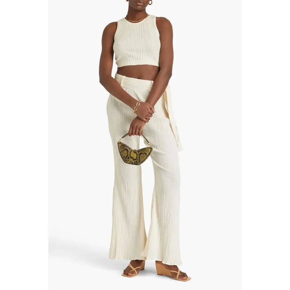 SAVANNAH MORROW Eve Crinkled Cotton Gauze Flare Pants Ecru Zip Belted S NEW